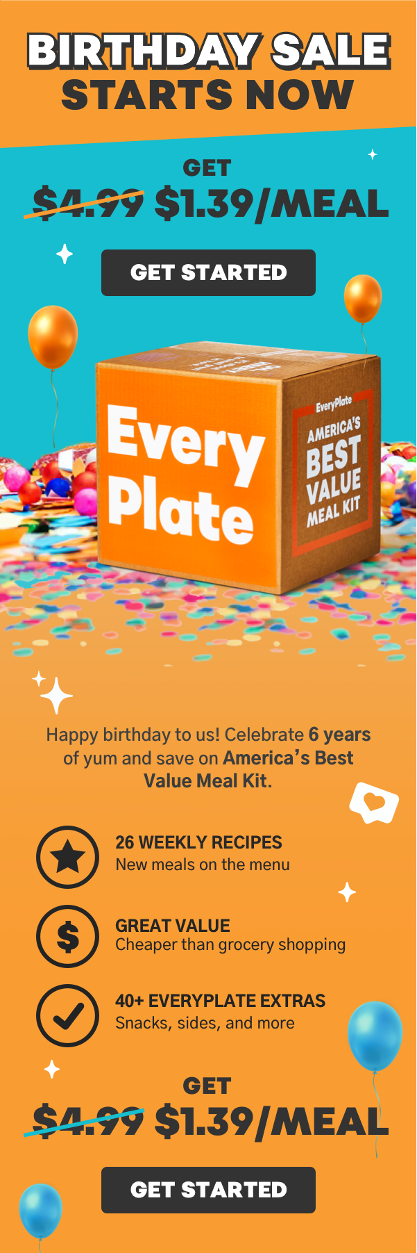EveryPlate's birthday sale starts now. Snag $1.39/meal and get started now.